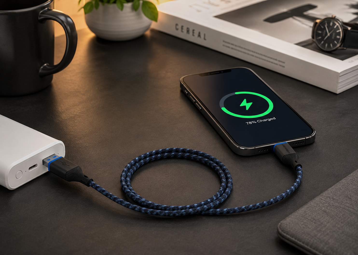 braided cable charging workspace