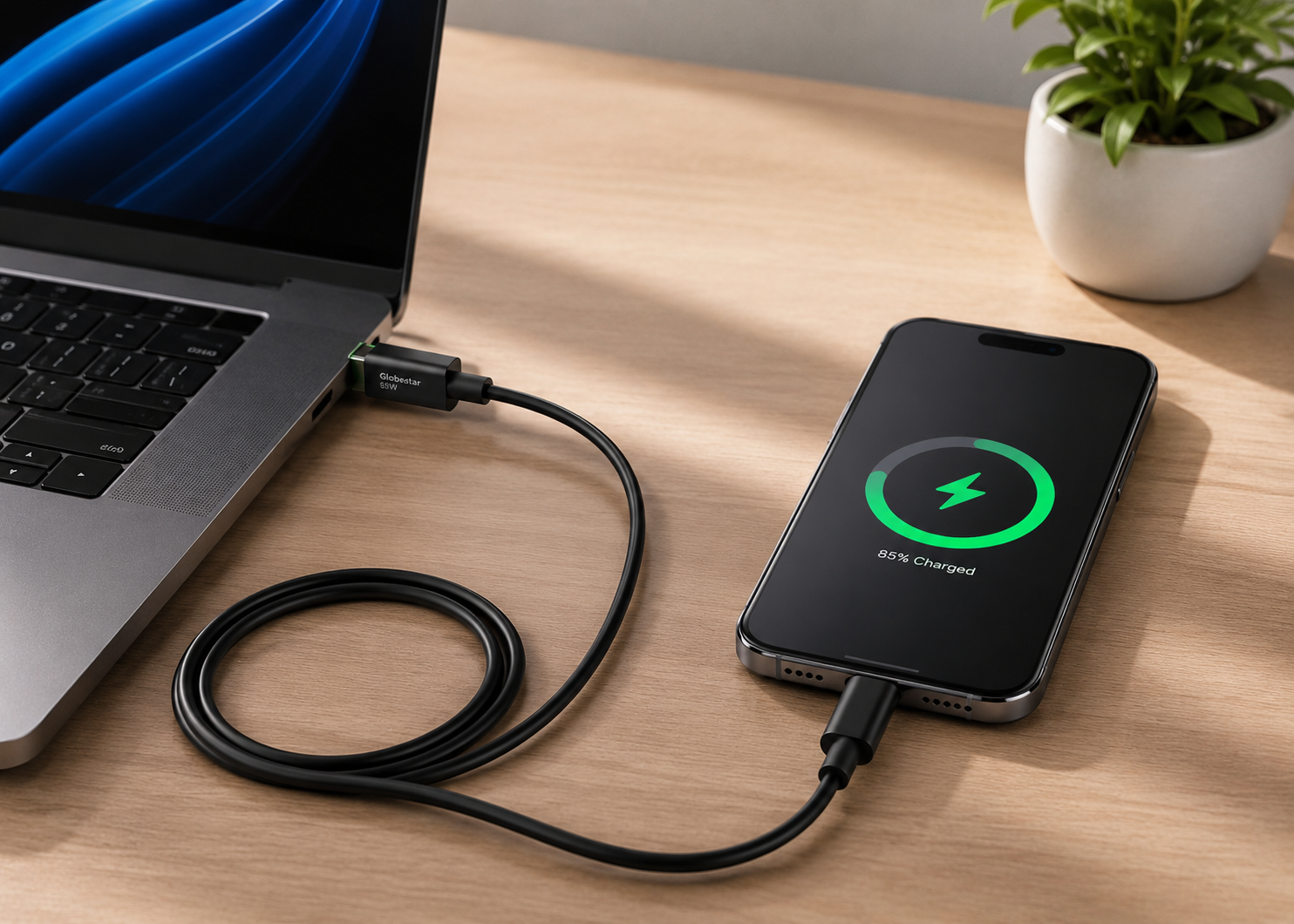 laptop, phone, and charging cable setup