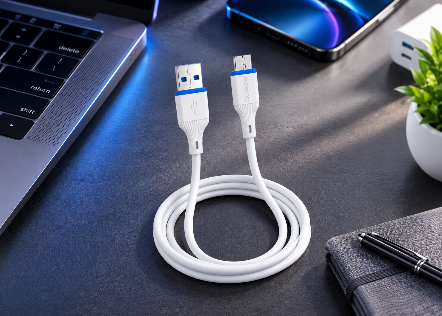 premium white usb cable desk setup